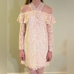 EUC, JAYGODFREY, Lace Off the Shoulder Halter Minidress, Pink and White, Size 4